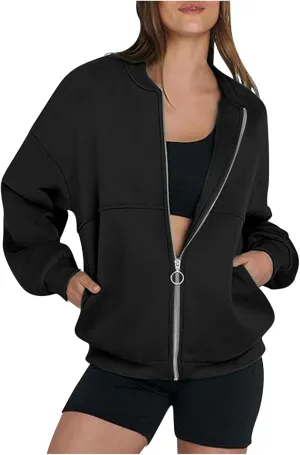 Fall Jackets for Women Zip Up Sweatshirts Long Sleeve Shirts Bomber Jacket with Pockets Fleece Sweaters Tops