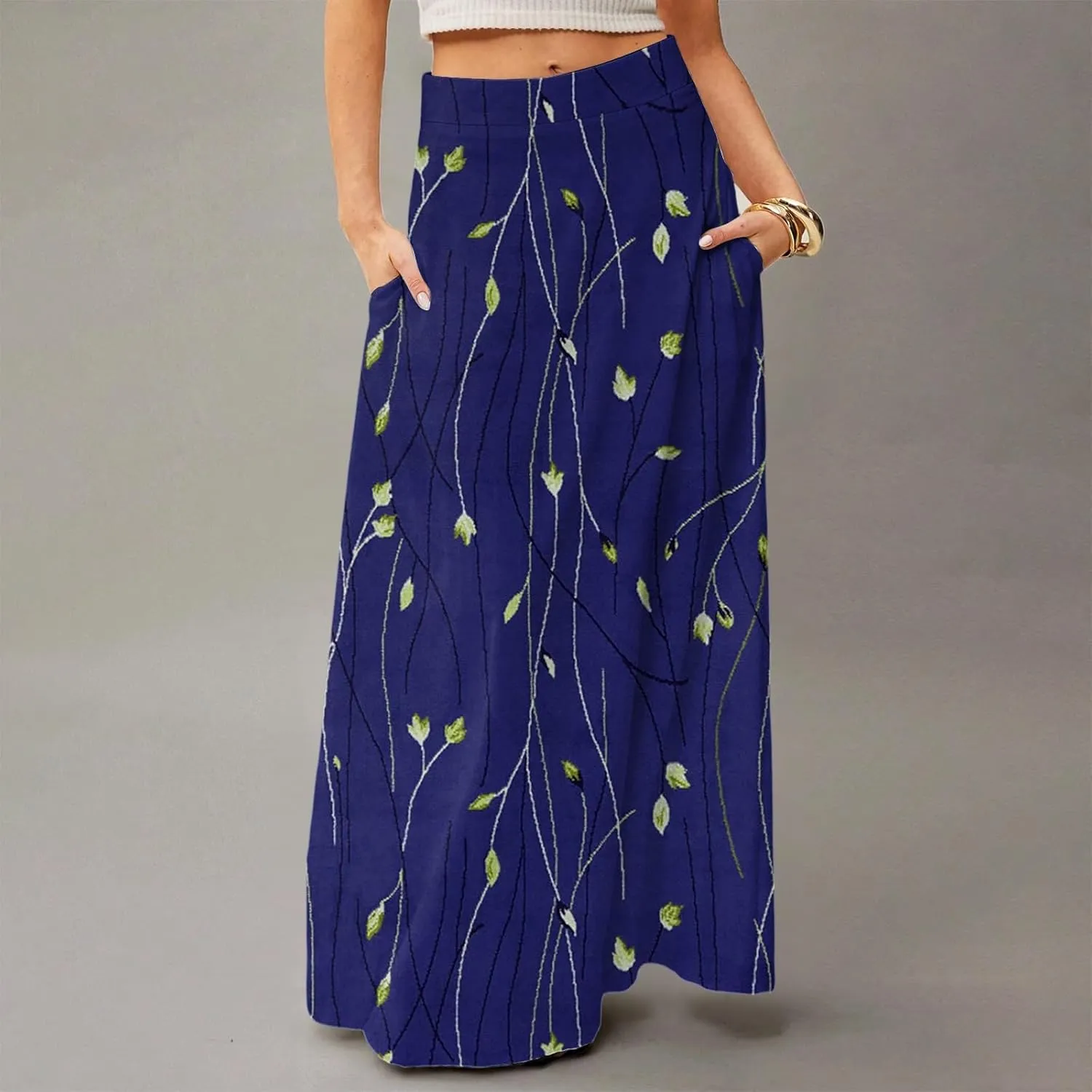 fanmpghleoo Spring Skirts for Women 2025 Boho Elastic High Waisted Maxi Skirt with Pockets Flowy Beach Vacation Long Skirt