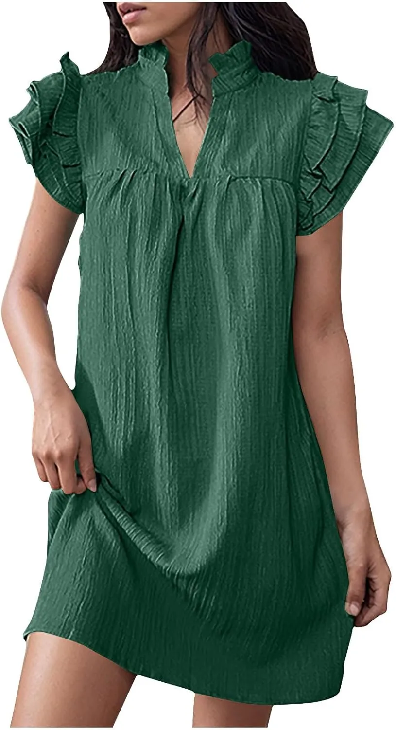 Firzero Women's Summer Dresses Drawstring V Neck Short Sleeve Ruffle Hem a Line Short Dress Casual Vacation Mini Beach Dress