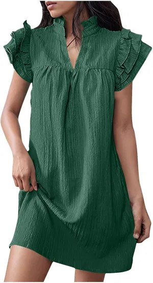 Firzero Women's Summer Dresses Drawstring V Neck Short Sleeve Ruffle Hem a Line Short Dress Casual Vacation Mini Beach Dress