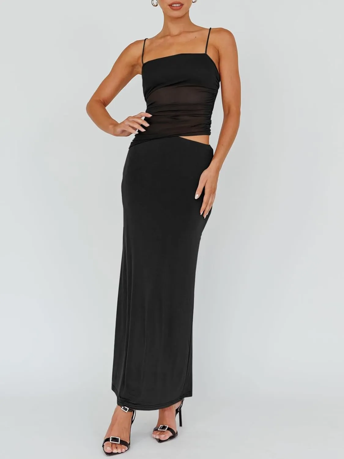 Fisoew Womens 2 Piece Skirt Dress Set Summer Sheer Mesh Ruched Camisole Tops Maxi Skirts Sexy Bodycon Sets
