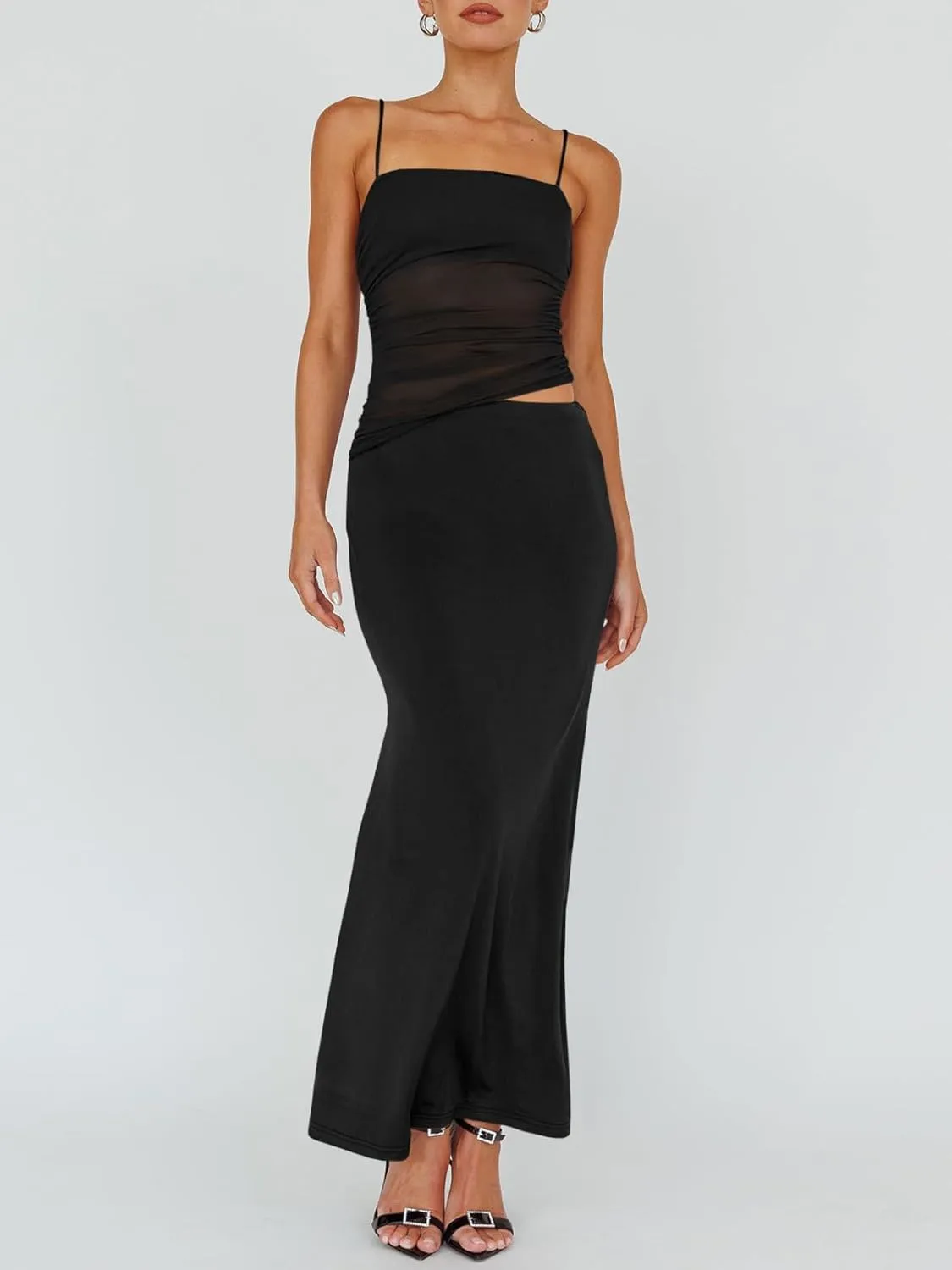 Fisoew Womens 2 Piece Skirt Dress Set Summer Sheer Mesh Ruched Camisole Tops Maxi Skirts Sexy Bodycon Sets