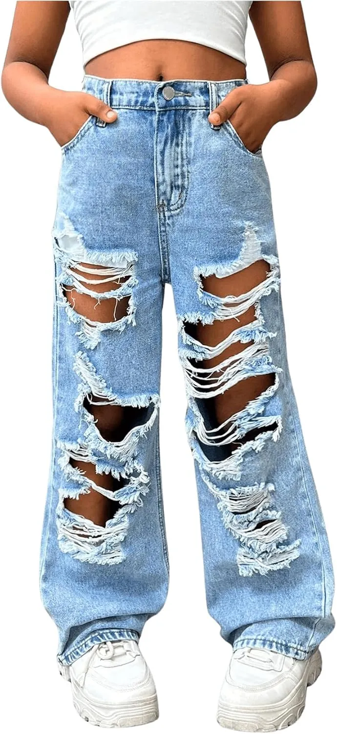 Floerns Girl's Distressed Jeans Baggy Wide Straight Leg Y2k Ripped Denim Pants