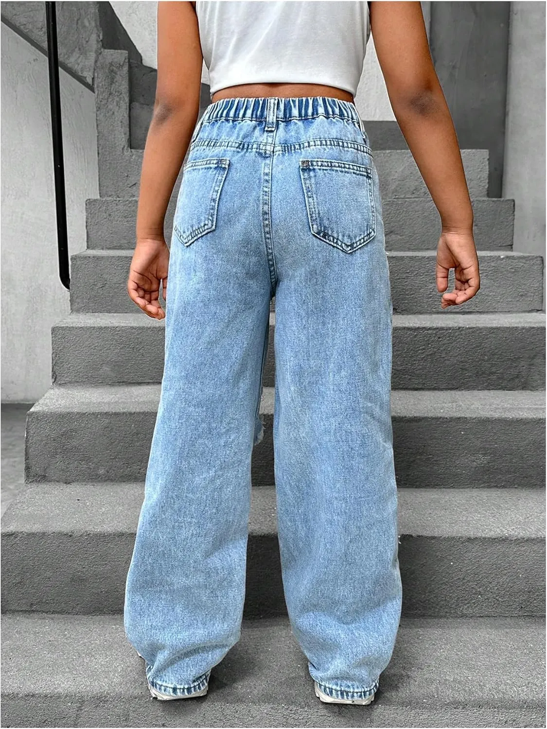 Floerns Girl's Distressed Jeans Baggy Wide Straight Leg Y2k Ripped Denim Pants