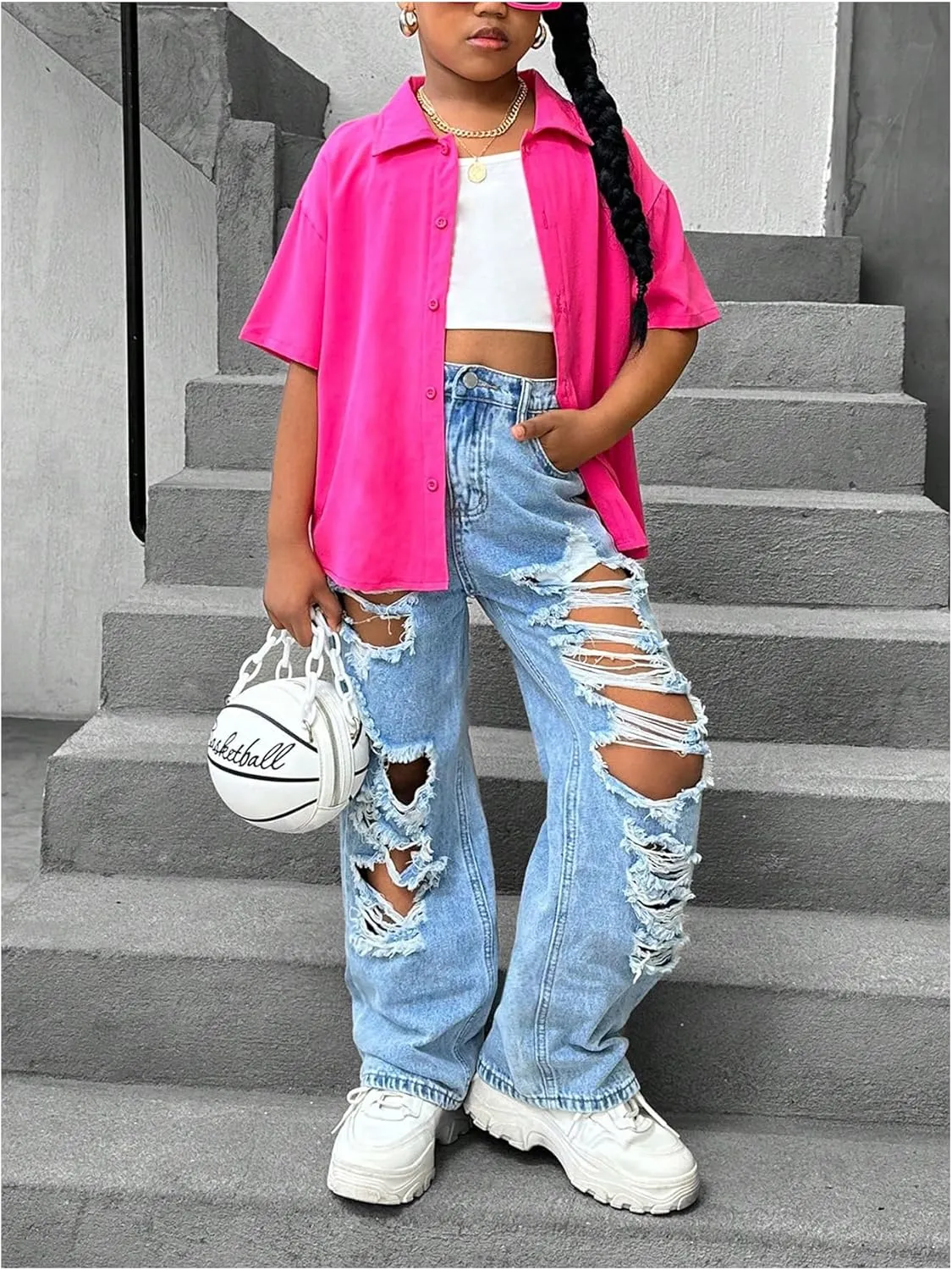 Floerns Girl's Distressed Jeans Baggy Wide Straight Leg Y2k Ripped Denim Pants