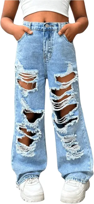 Floerns Girl's Distressed Jeans Baggy Wide Straight Leg Y2k Ripped Denim Pants