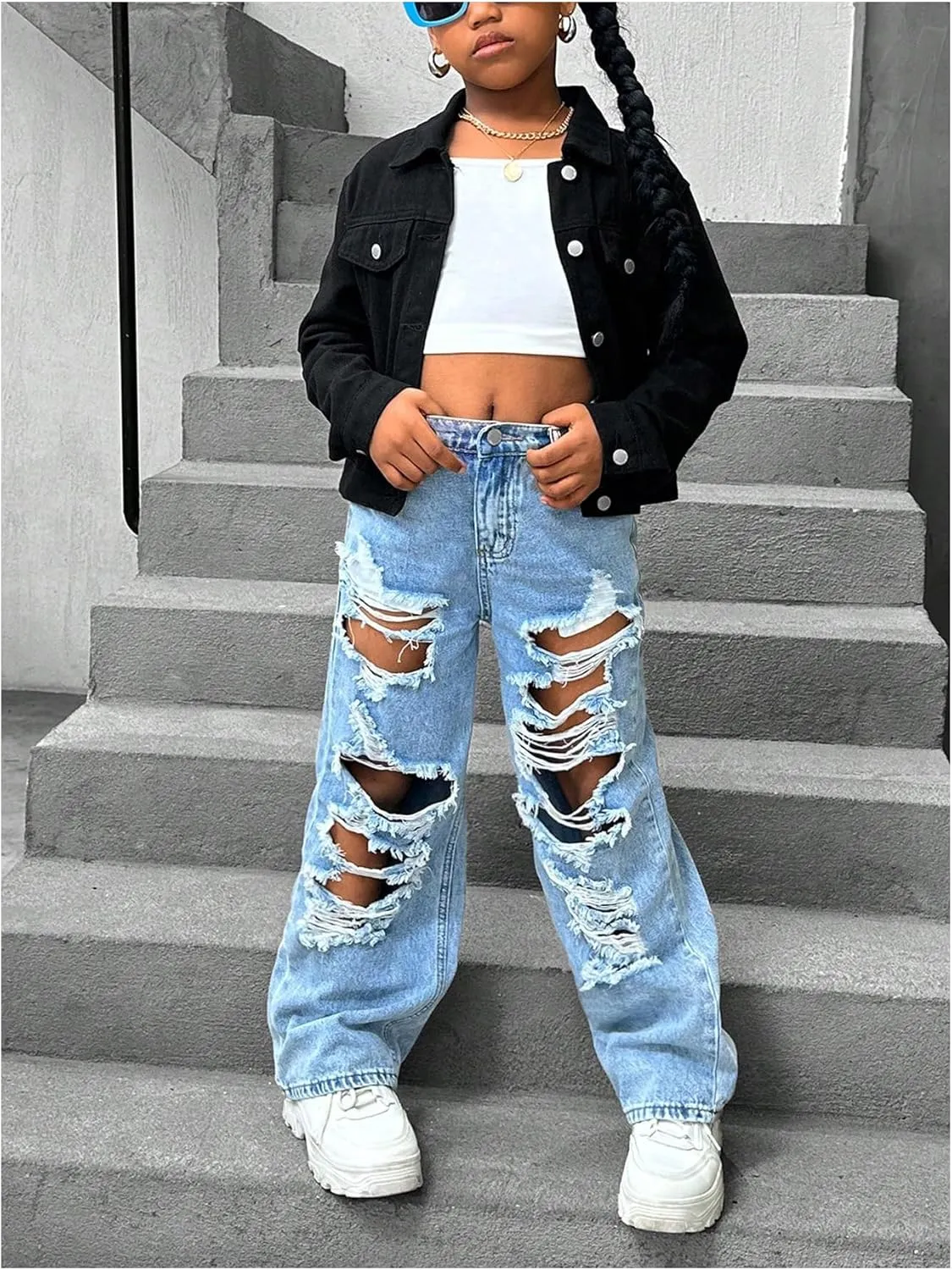 Floerns Girl's Distressed Jeans Baggy Wide Straight Leg Y2k Ripped Denim Pants