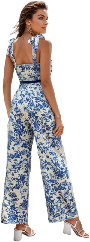 Floerns Women's 2 Piece Summer Outfit Floral Print Knot Shoulder Zip Back Crop Cami Top and Maxi Pants Set