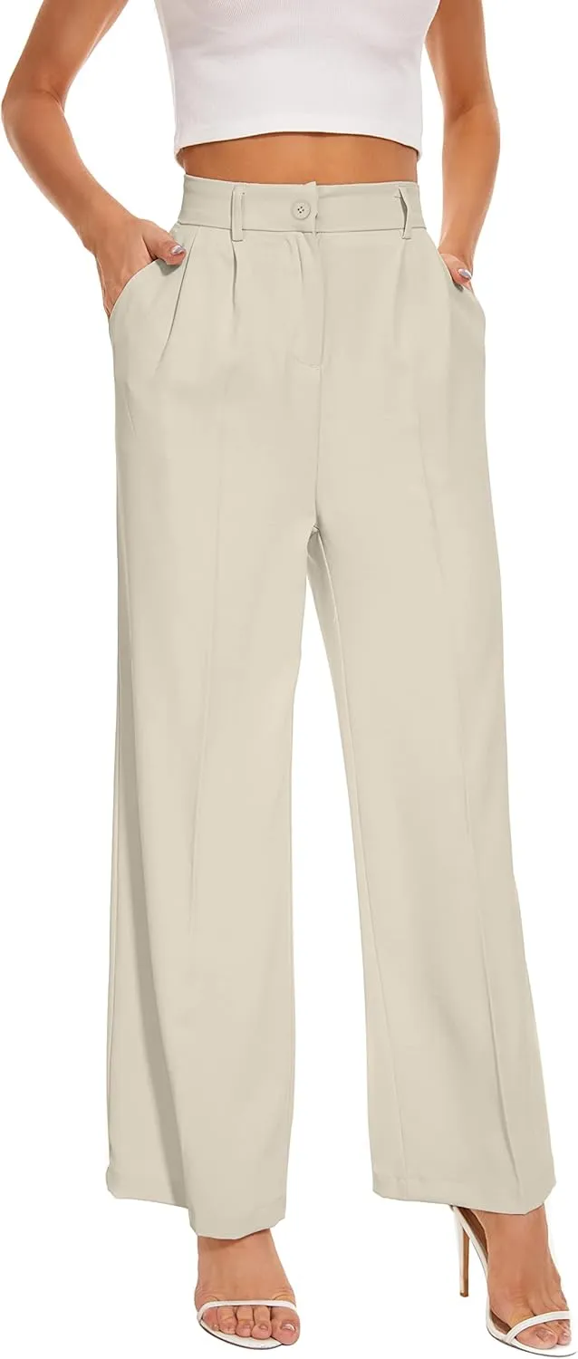 FUNYYZO Fall Women Wide Leg Pants High Elastic Waisted in The Back Business Work Trousers Long Straight Suit Pants_