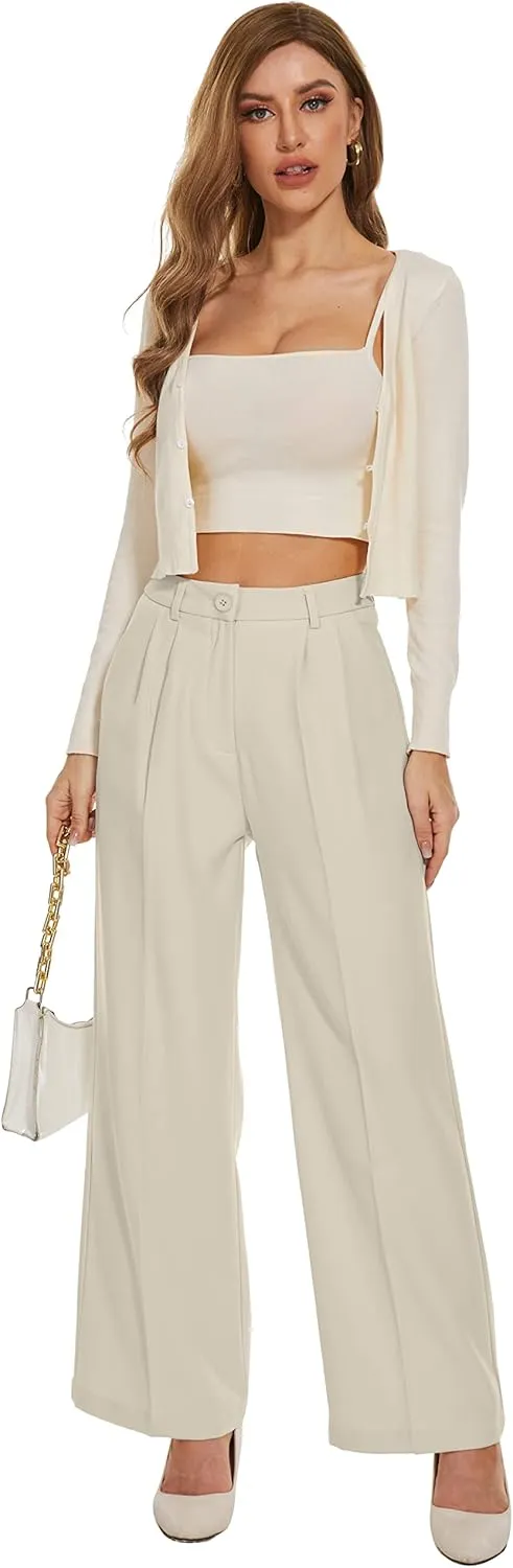 FUNYYZO Fall Women Wide Leg Pants High Elastic Waisted in The Back Business Work Trousers Long Straight Suit Pants_