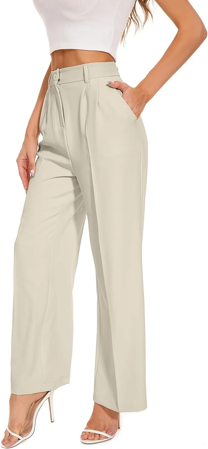 FUNYYZO Fall Women Wide Leg Pants High Elastic Waisted in The Back Business Work Trousers Long Straight Suit Pants_