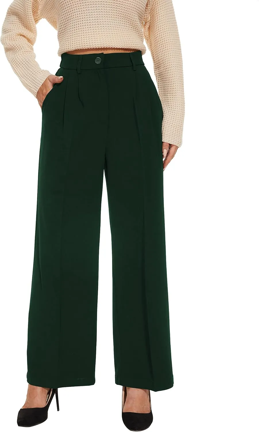 FUNYYZO Fall Women Wide Leg Pants High Elastic Waisted in The Back Business Work Trousers Long Straight Suit Pants_