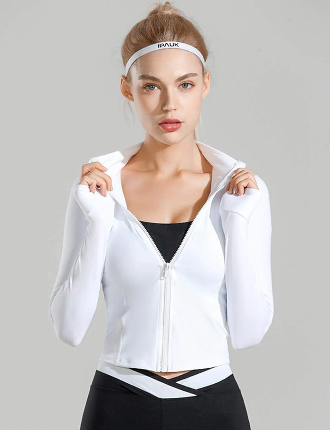 Gacaky Women's Athletic Jacket Lightweight Full Zip Up Yoga Jacket Cropped Workout Slim Fit Tops with Thumb Holes