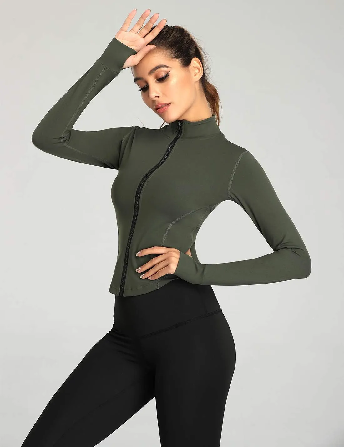 Gacaky Women's Athletic Jacket Lightweight Full Zip Up Yoga Jacket Cropped Workout Slim Fit Tops with Thumb Holes
