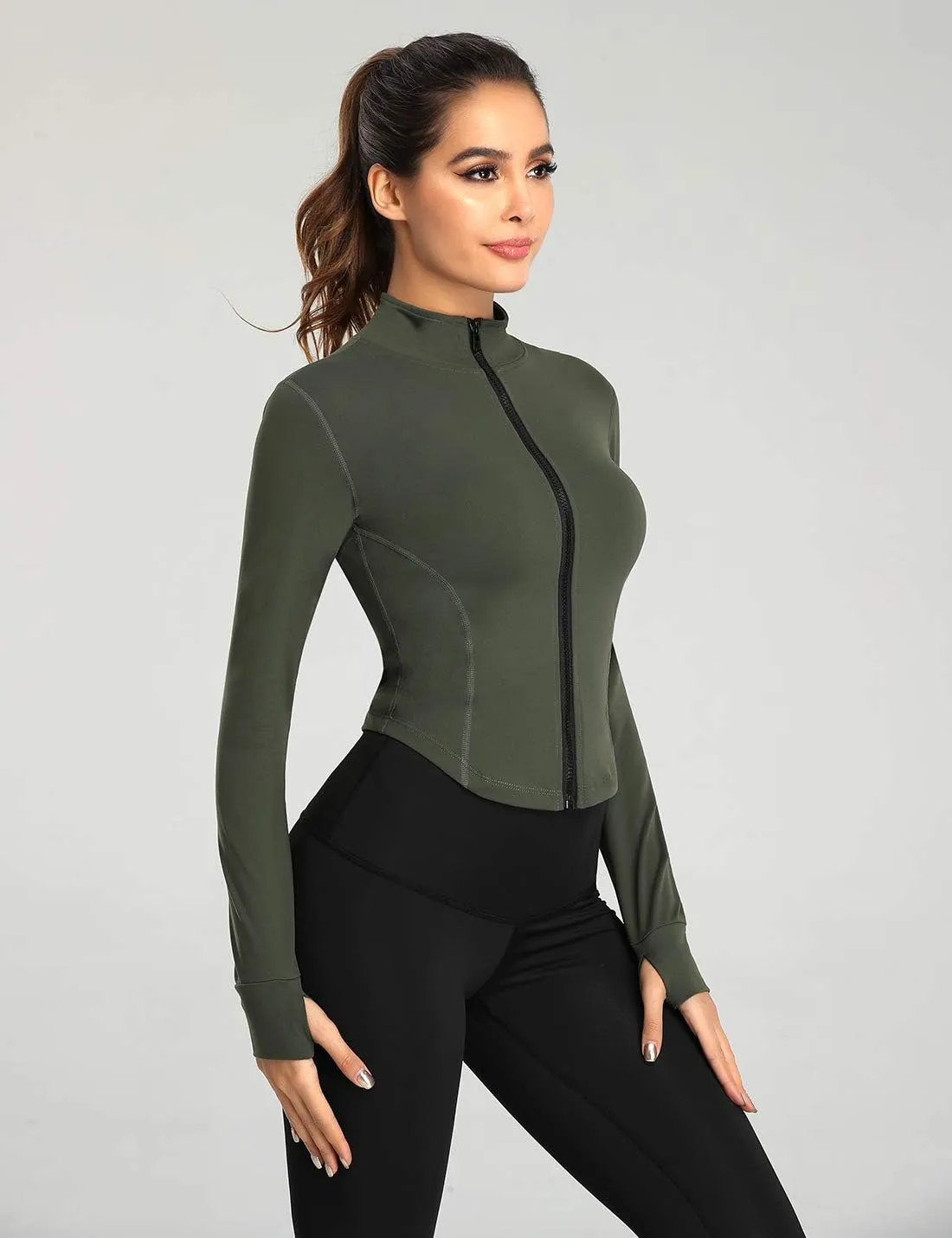 Gacaky Women's Athletic Jacket Lightweight Full Zip Up Yoga Jacket Cropped Workout Slim Fit Tops with Thumb Holes