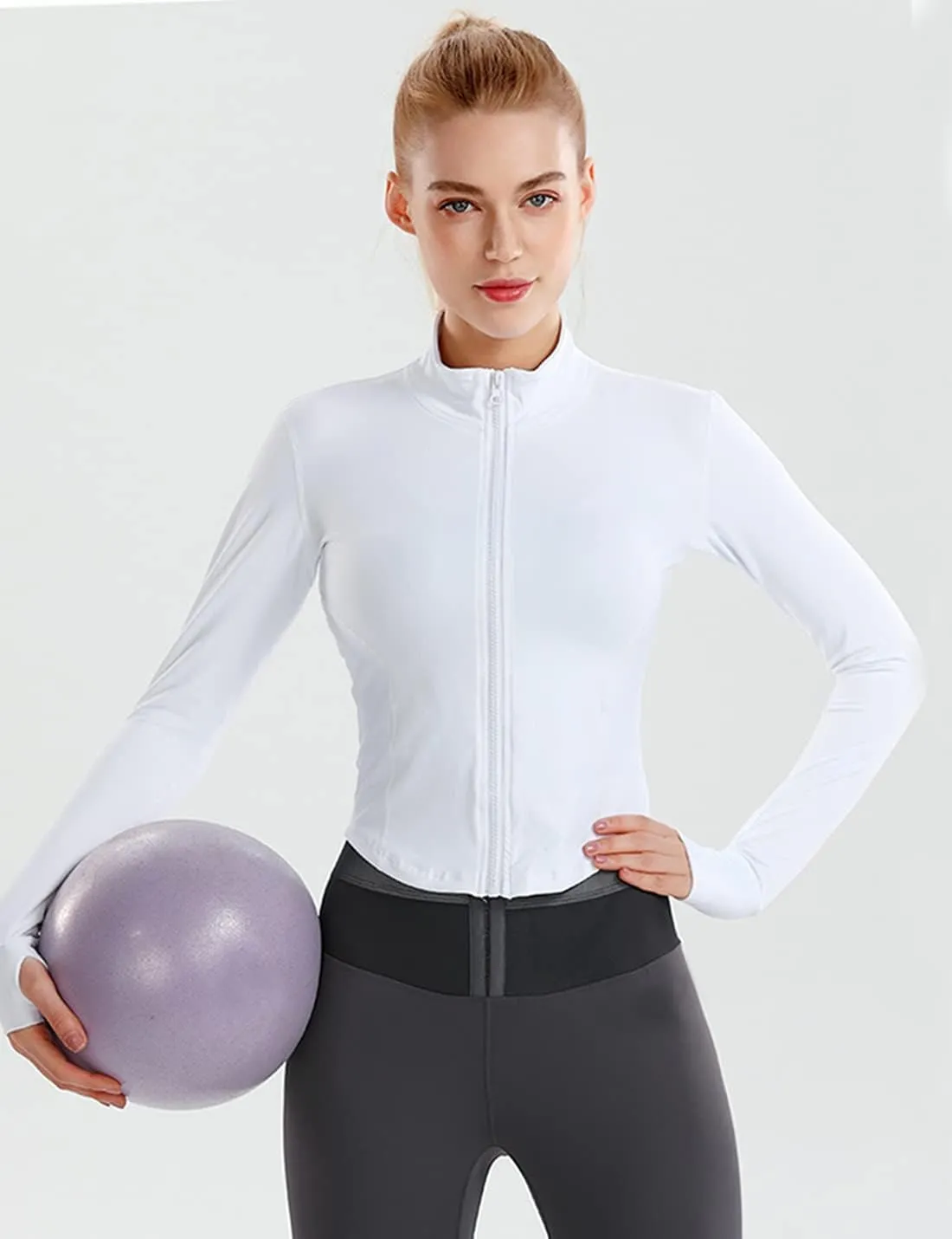 Gacaky Women's Athletic Jacket Lightweight Full Zip Up Yoga Jacket Cropped Workout Slim Fit Tops with Thumb Holes