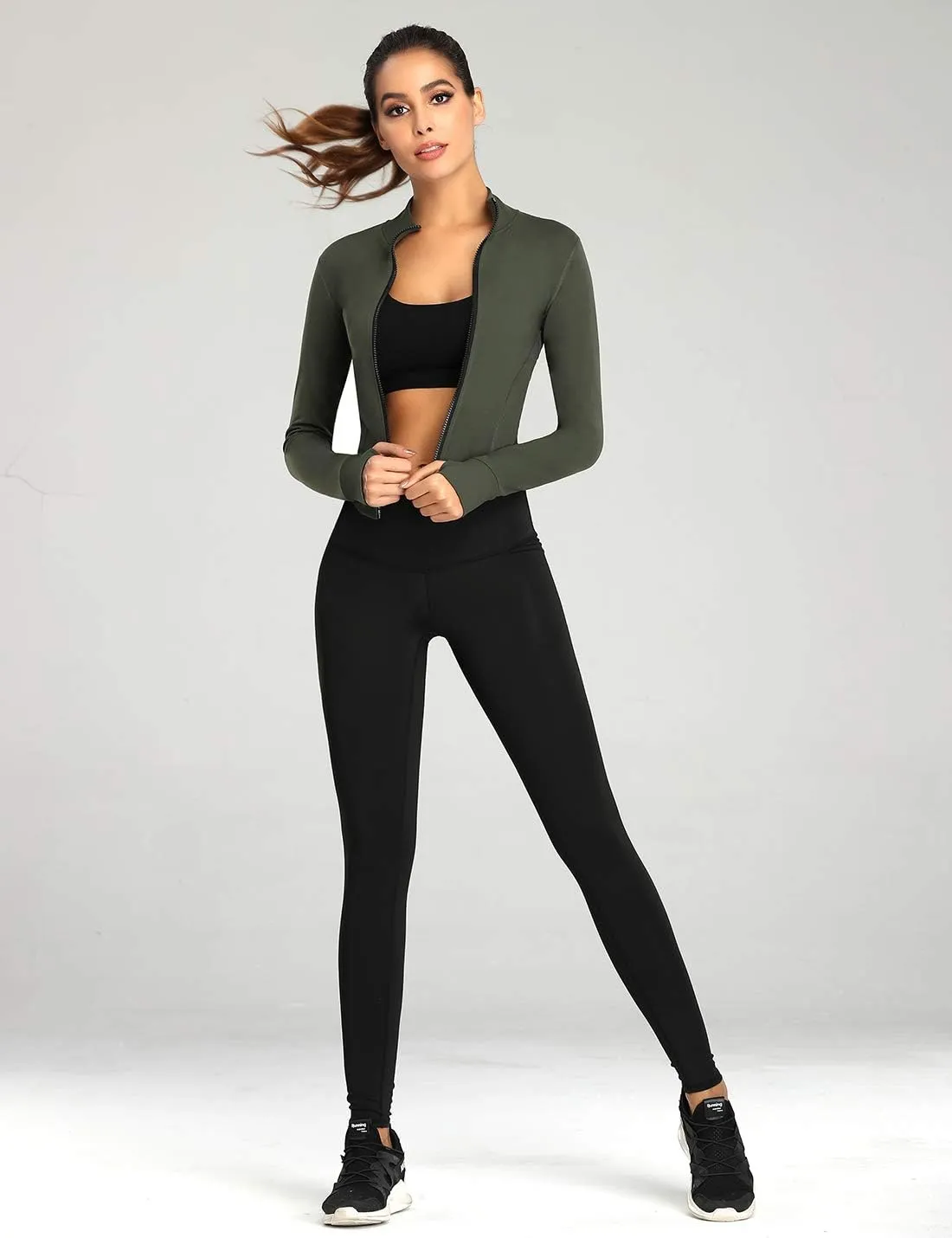 Gacaky Women's Athletic Jacket Lightweight Full Zip Up Yoga Jacket Cropped Workout Slim Fit Tops with Thumb Holes