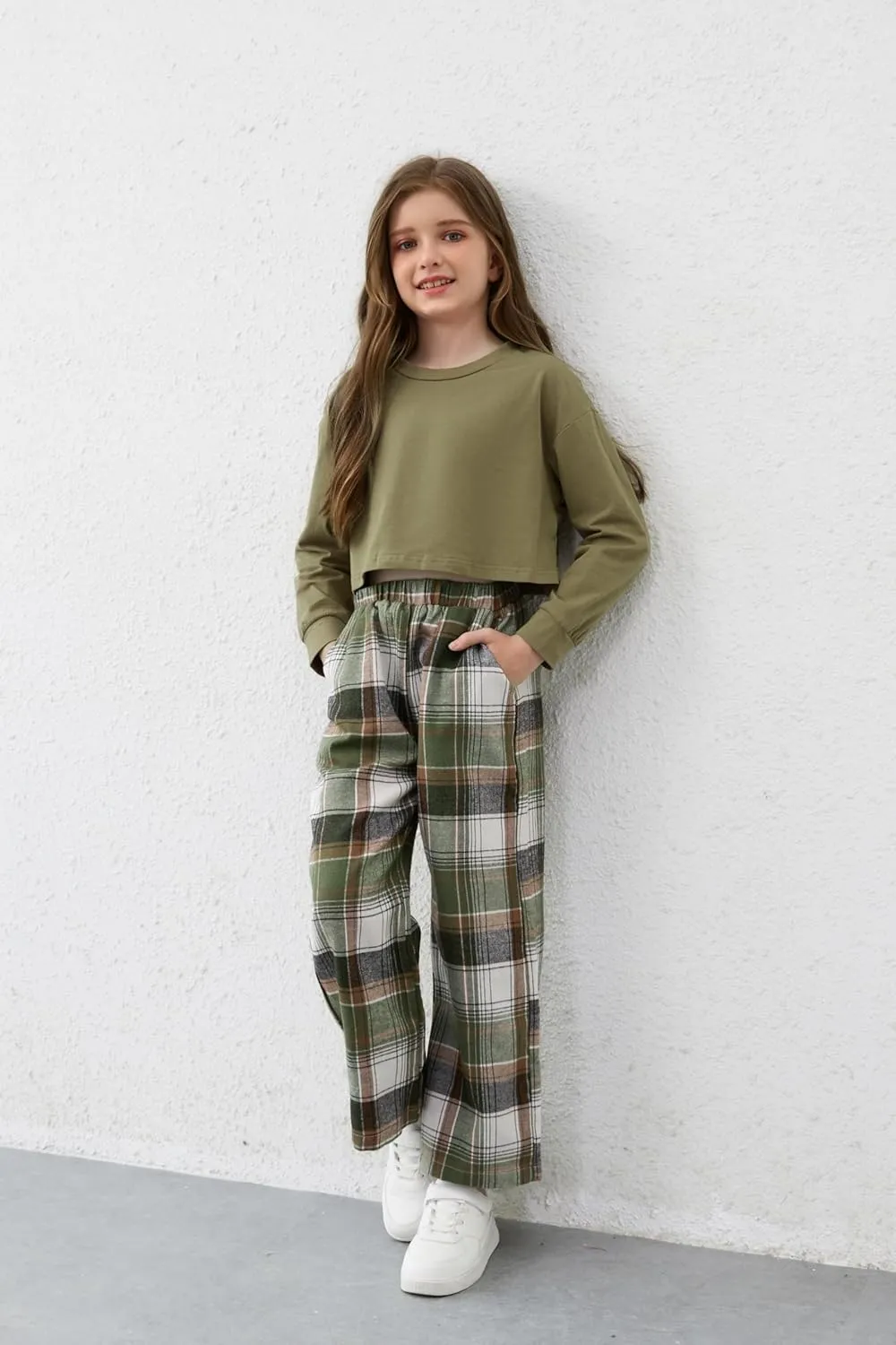 Girls Clothes Solid Long Sleeve Tops Plaid Wide Leg Pants with Pockets Girls Outfits Size 6-14