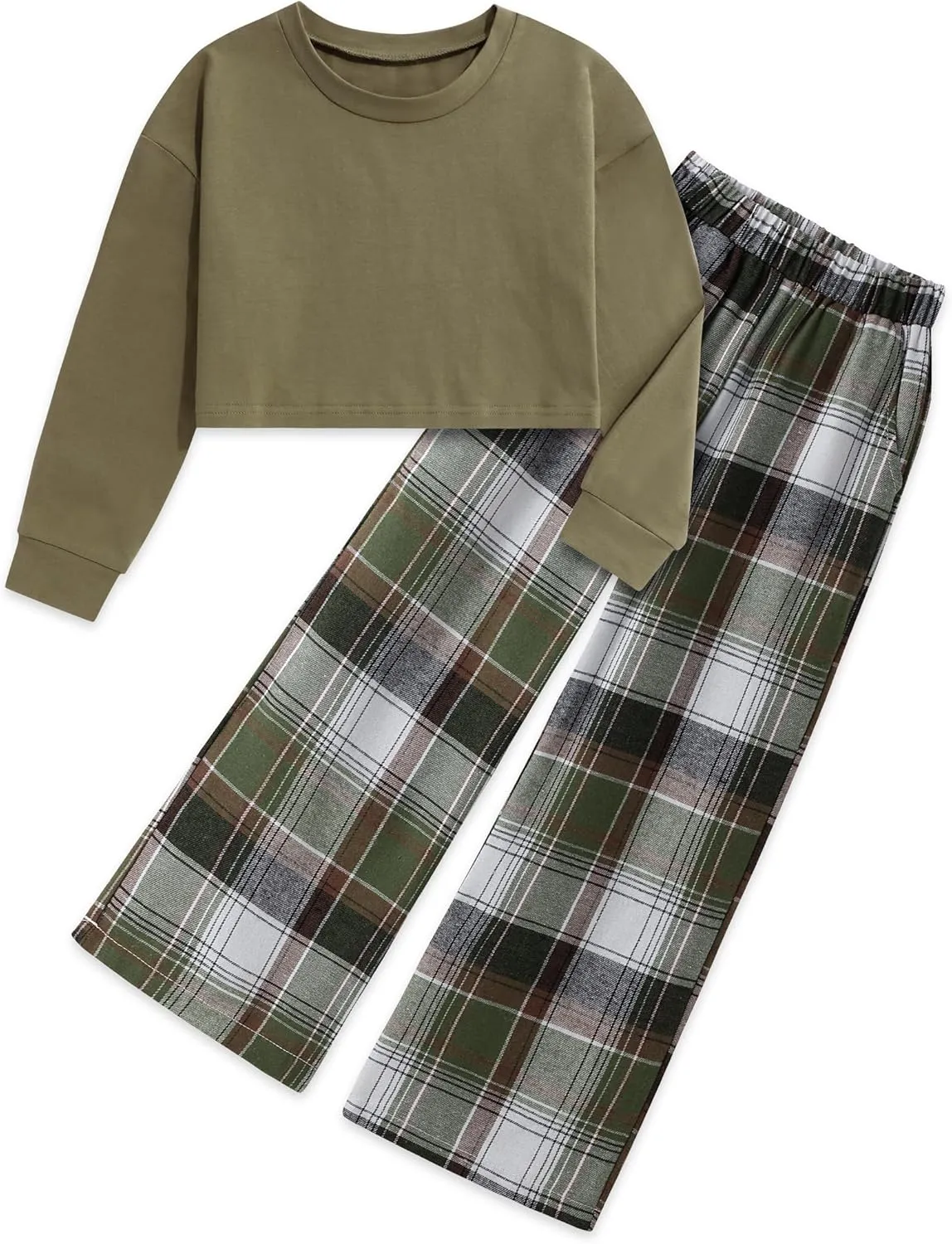 Girls Clothes Solid Long Sleeve Tops Plaid Wide Leg Pants with Pockets Girls Outfits Size 6-14
