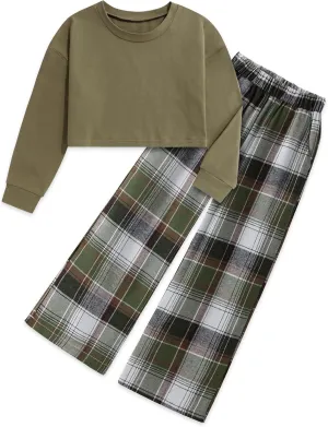 Girls Clothes Solid Long Sleeve Tops Plaid Wide Leg Pants with Pockets Girls Outfits Size 6-14