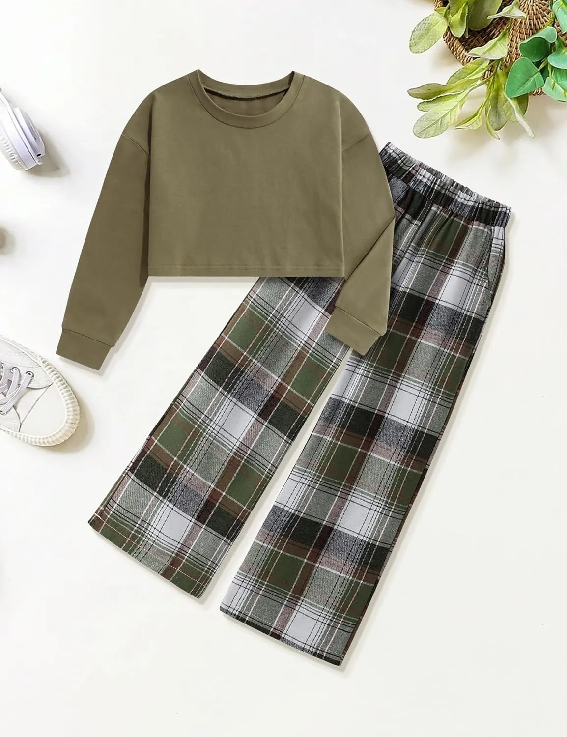 Girls Clothes Solid Long Sleeve Tops Plaid Wide Leg Pants with Pockets Girls Outfits Size 6-14