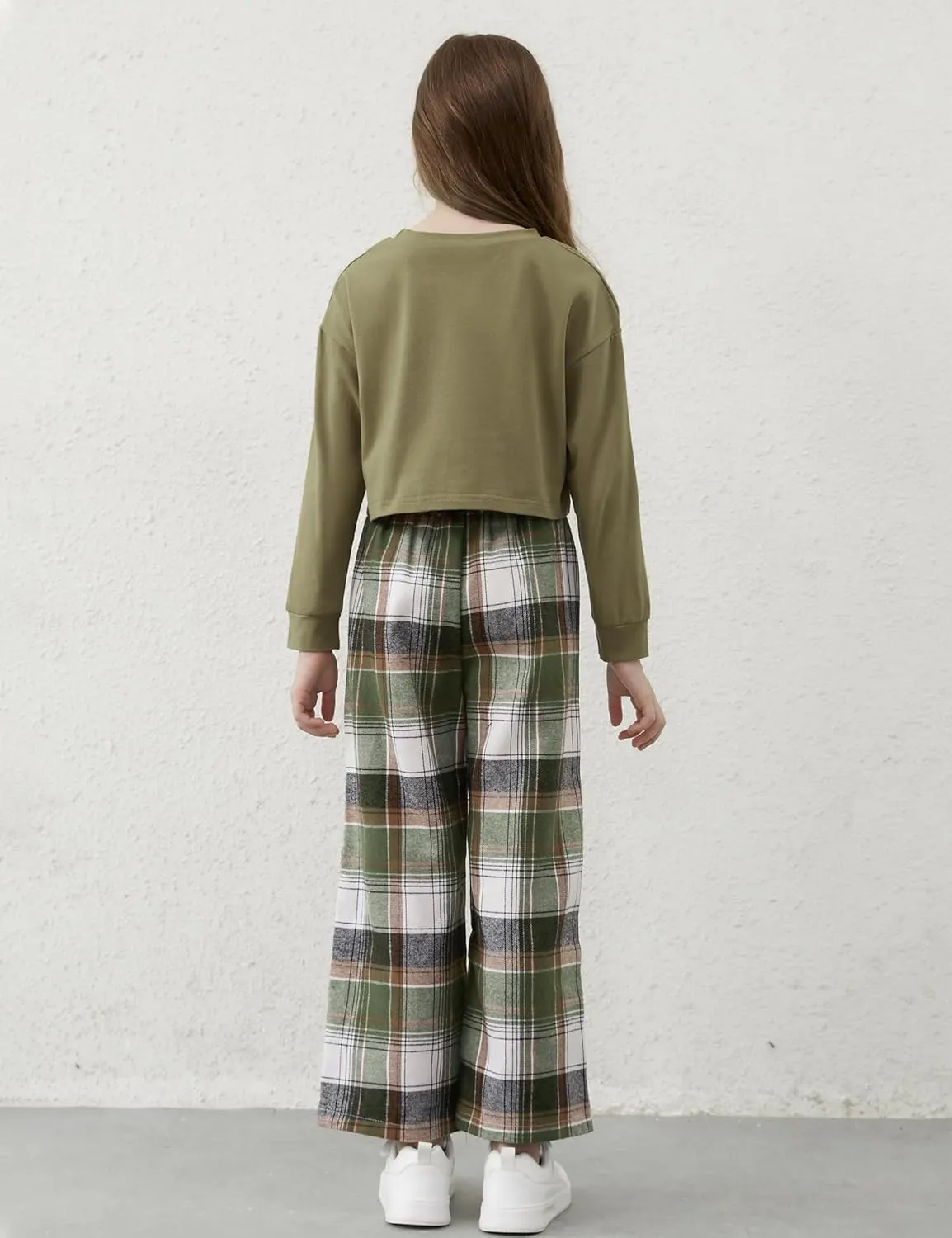 Girls Clothes Solid Long Sleeve Tops Plaid Wide Leg Pants with Pockets Girls Outfits Size 6-14