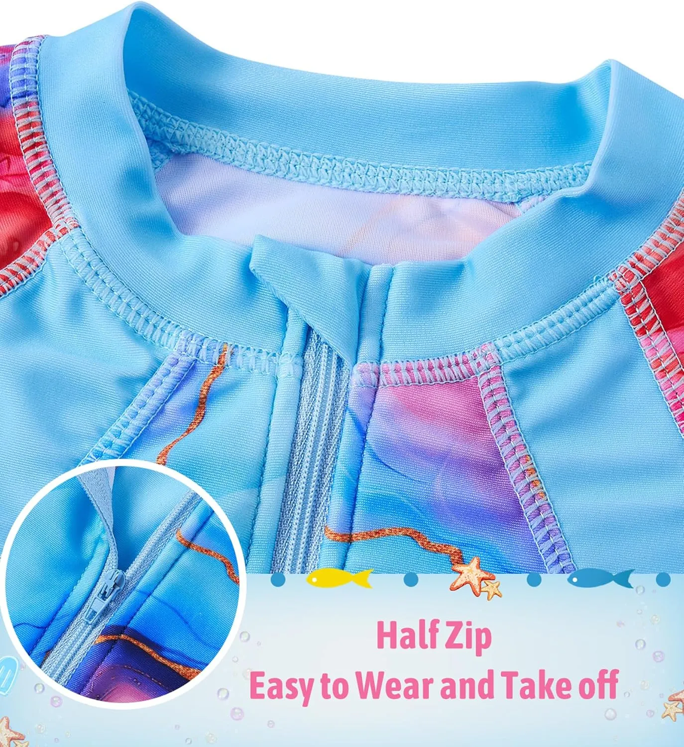 Girls Long Sleeve Rashguard Half Zip Swimsuits UPF 50  Two Piece Swim Sets with Hairband 5-12Y