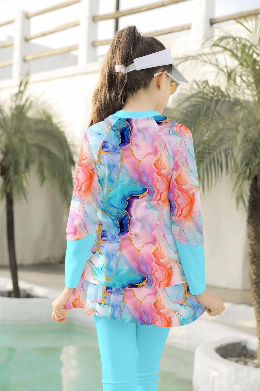 Girls Long Sleeve Rashguard Half Zip Swimsuits UPF 50  Two Piece Swim Sets with Hairband 5-12Y