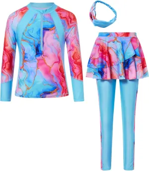 Girls Long Sleeve Rashguard Half Zip Swimsuits UPF 50  Two Piece Swim Sets with Hairband 5-12Y
