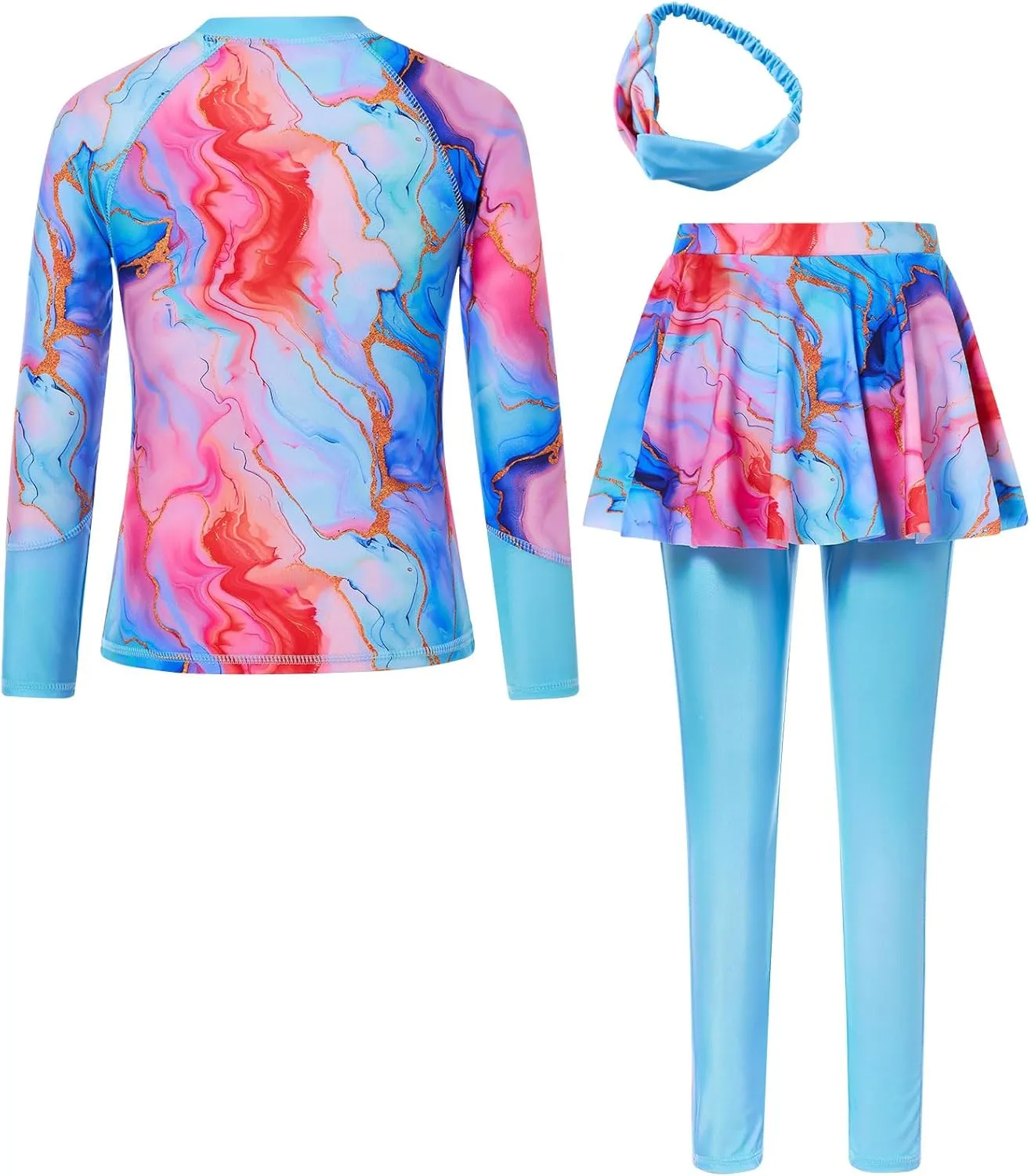 Girls Long Sleeve Rashguard Half Zip Swimsuits UPF 50  Two Piece Swim Sets with Hairband 5-12Y
