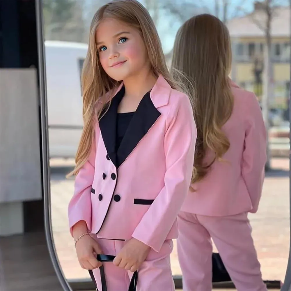 Girls Suits 2 Piece Formal Slim Fit Notch Lapel Double Breasted Kids Suit with Pants for Wedding