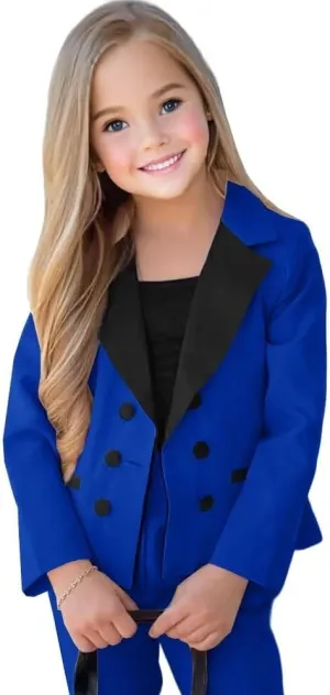 Girls Suits 2 Piece Formal Slim Fit Notch Lapel Double Breasted Kids Suit with Pants for Wedding