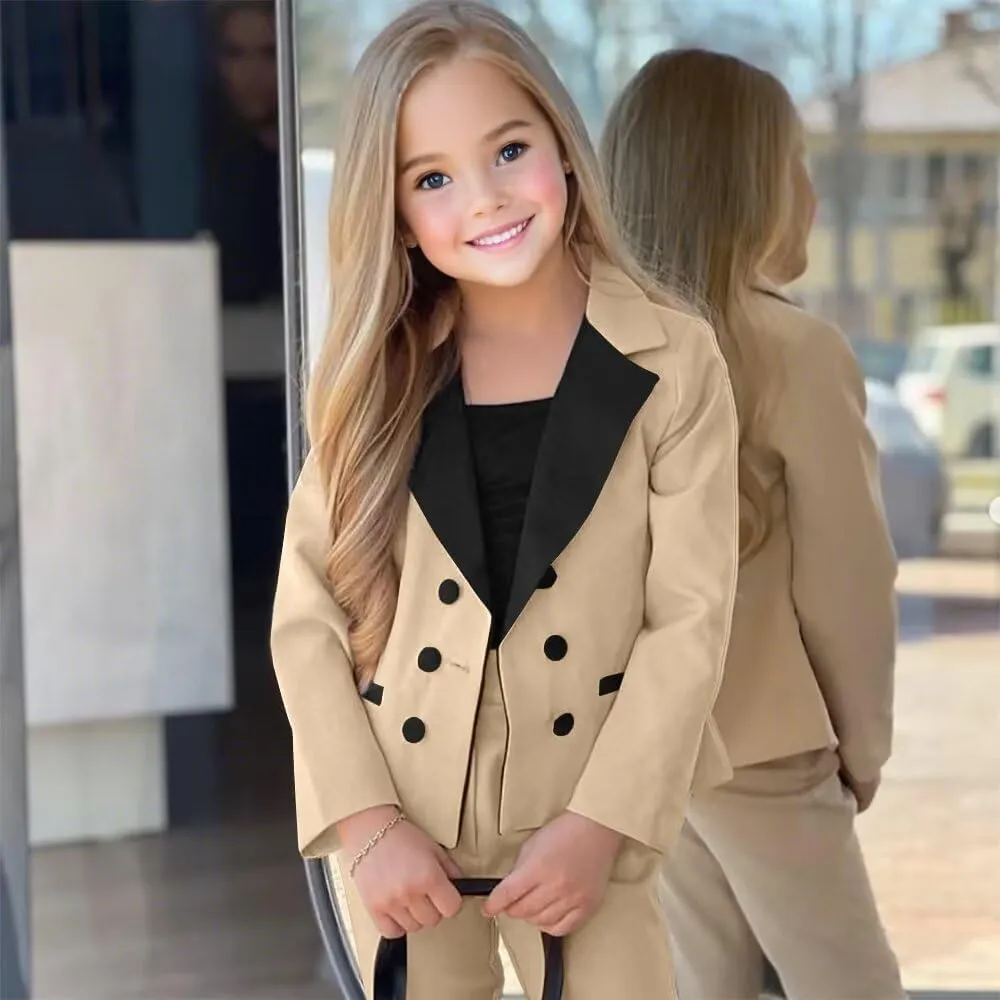 Girls Suits 2 Piece Formal Slim Fit Notch Lapel Double Breasted Kids Suit with Pants for Wedding