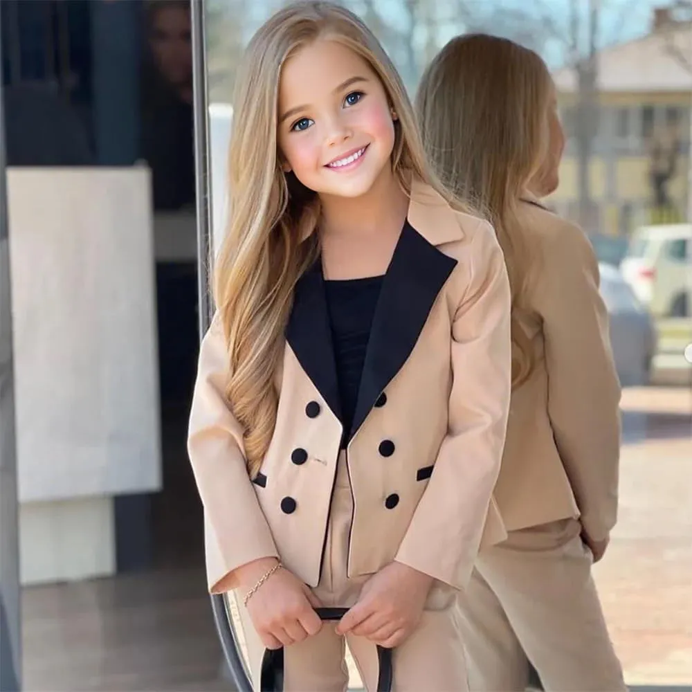 Girls Suits 2 Piece Formal Slim Fit Notch Lapel Double Breasted Kids Suit with Pants for Wedding