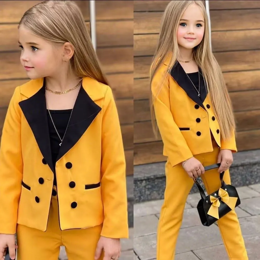 Girls Suits 2 Piece Formal Slim Fit Notch Lapel Double Breasted Kids Suit with Pants for Wedding