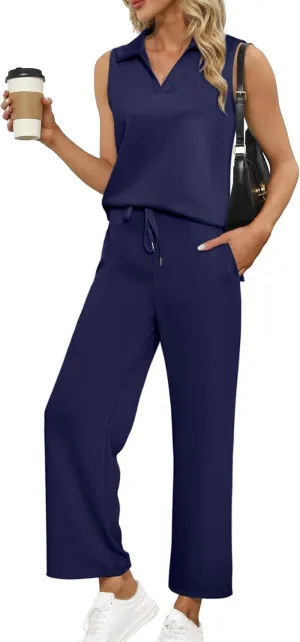 Glamaker Women's 2 Piece Outfits Summer Sleeveless Tops Wide Leg Pants Lounge Set Sweatsuits Tracksuits with Pockets