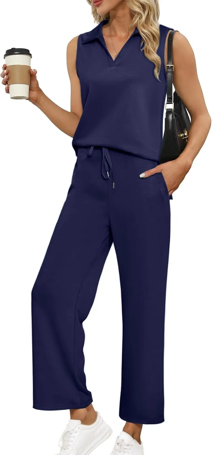 Glamaker Women's 2 Piece Outfits Summer Sleeveless Tops Wide Leg Pants Lounge Set Sweatsuits Tracksuits with Pockets