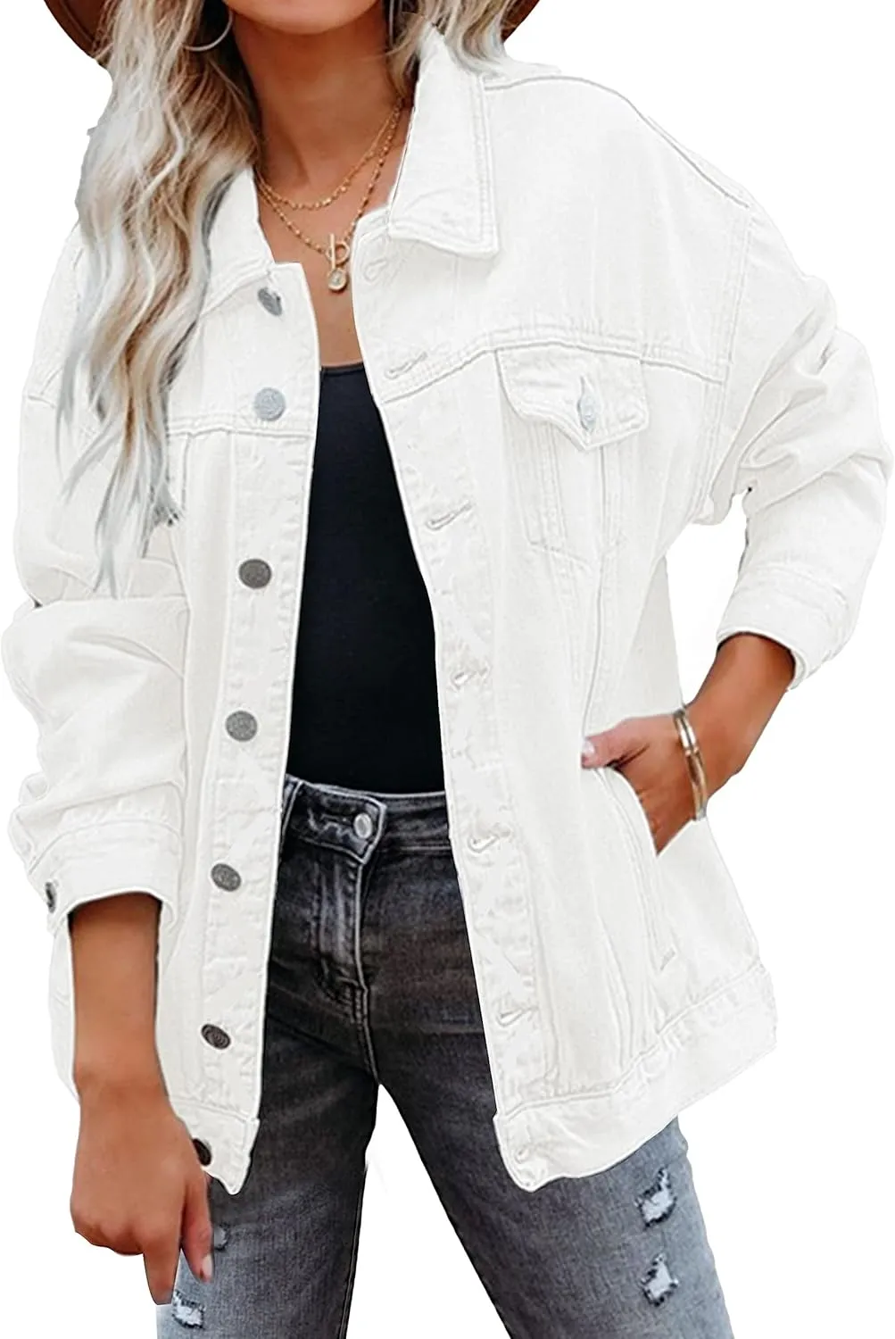 Gozoloma Women's Casual Loose Oversized Denim Jacket Long Sleeved Button Jean Jacket Coat Tops(0011-White-XL)