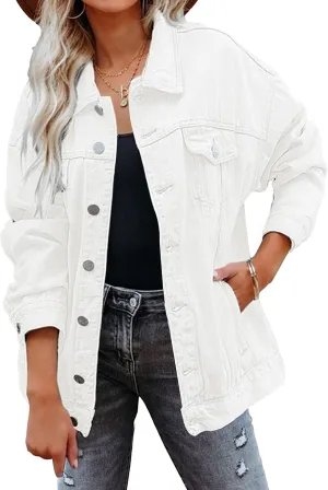 Gozoloma Women's Casual Loose Oversized Denim Jacket Long Sleeved Button Jean Jacket Coat Tops(0011-White-XL)