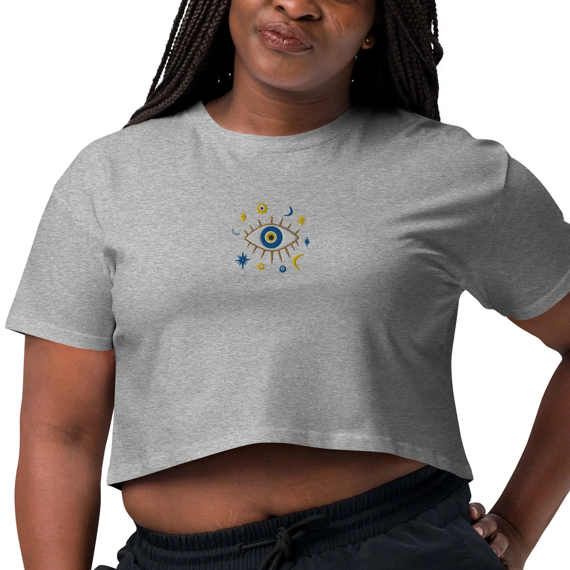 Greek Evil Eye Embroidered Cropped T-Shirt