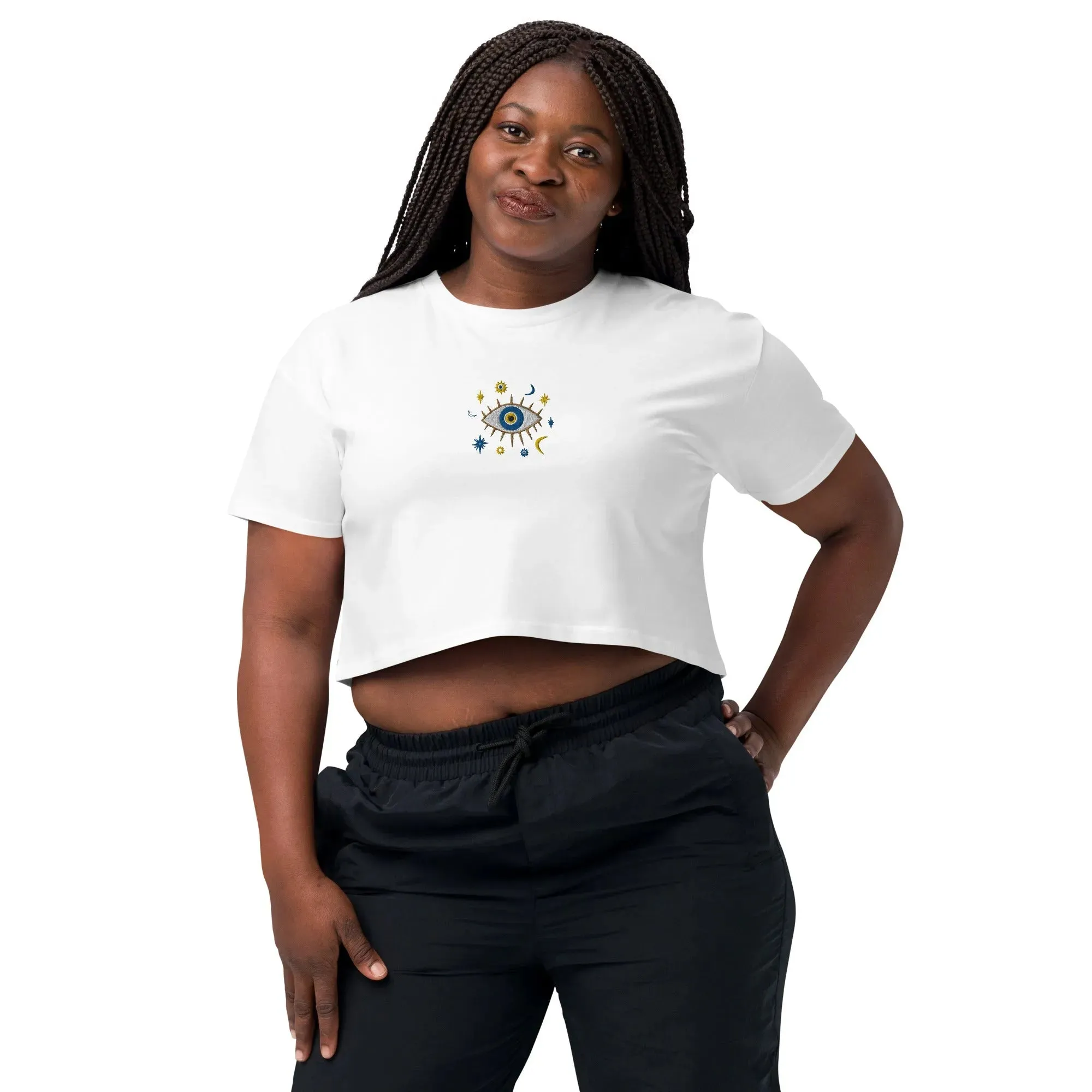 Greek Evil Eye Embroidered Cropped T-Shirt
