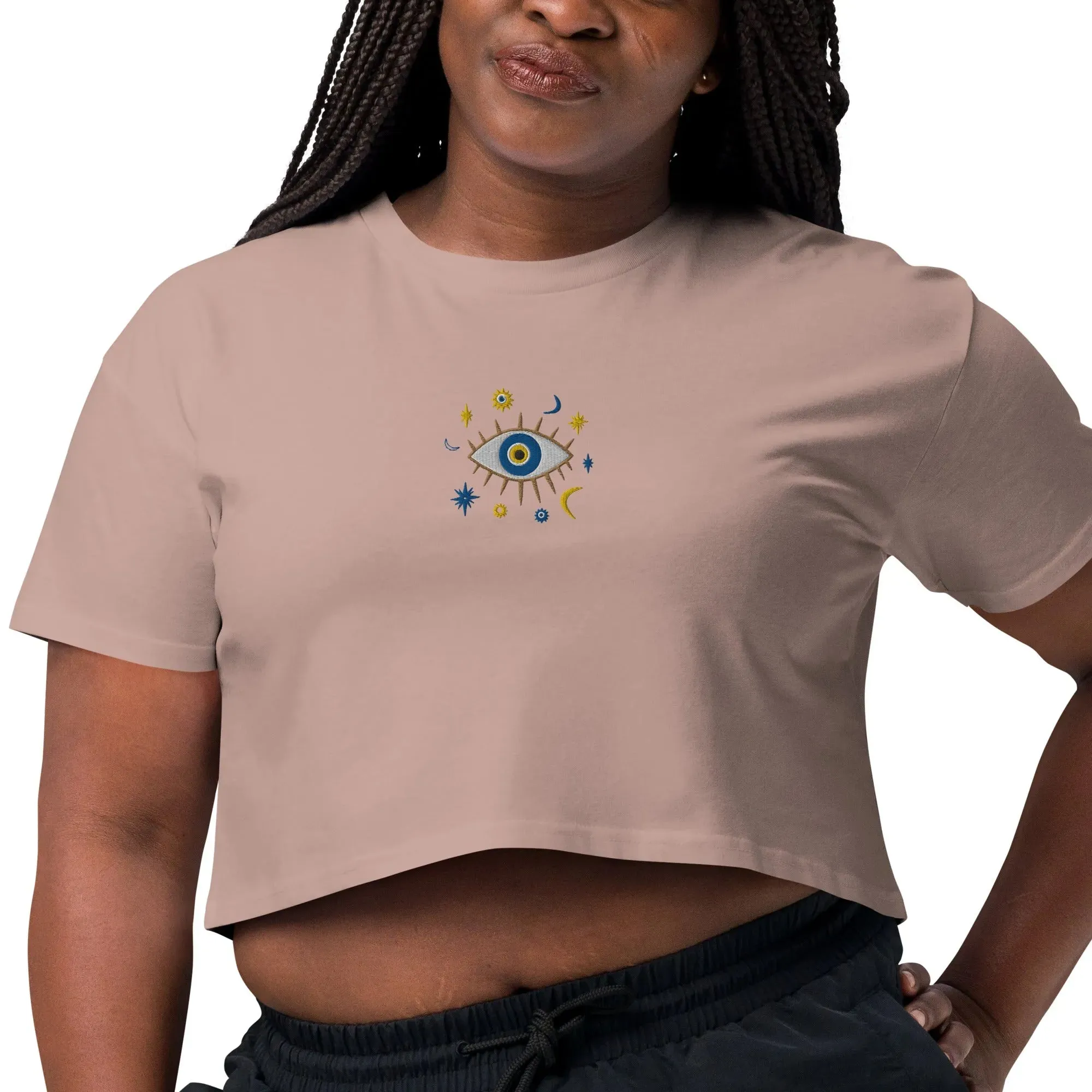 Greek Evil Eye Embroidered Cropped T-Shirt