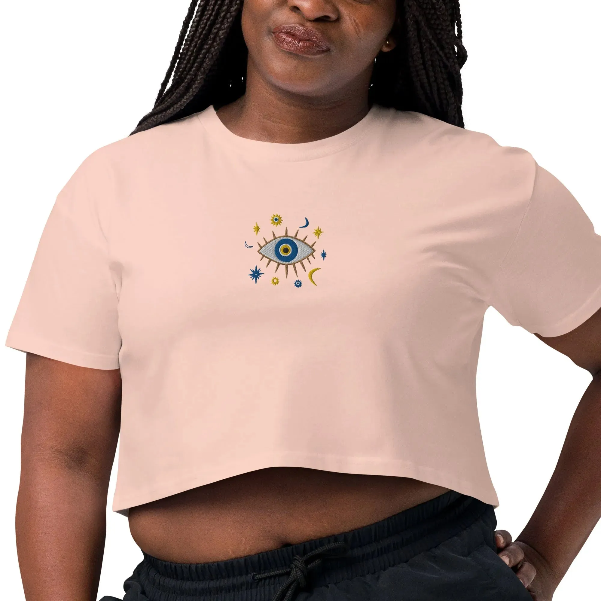Greek Evil Eye Embroidered Cropped T-Shirt