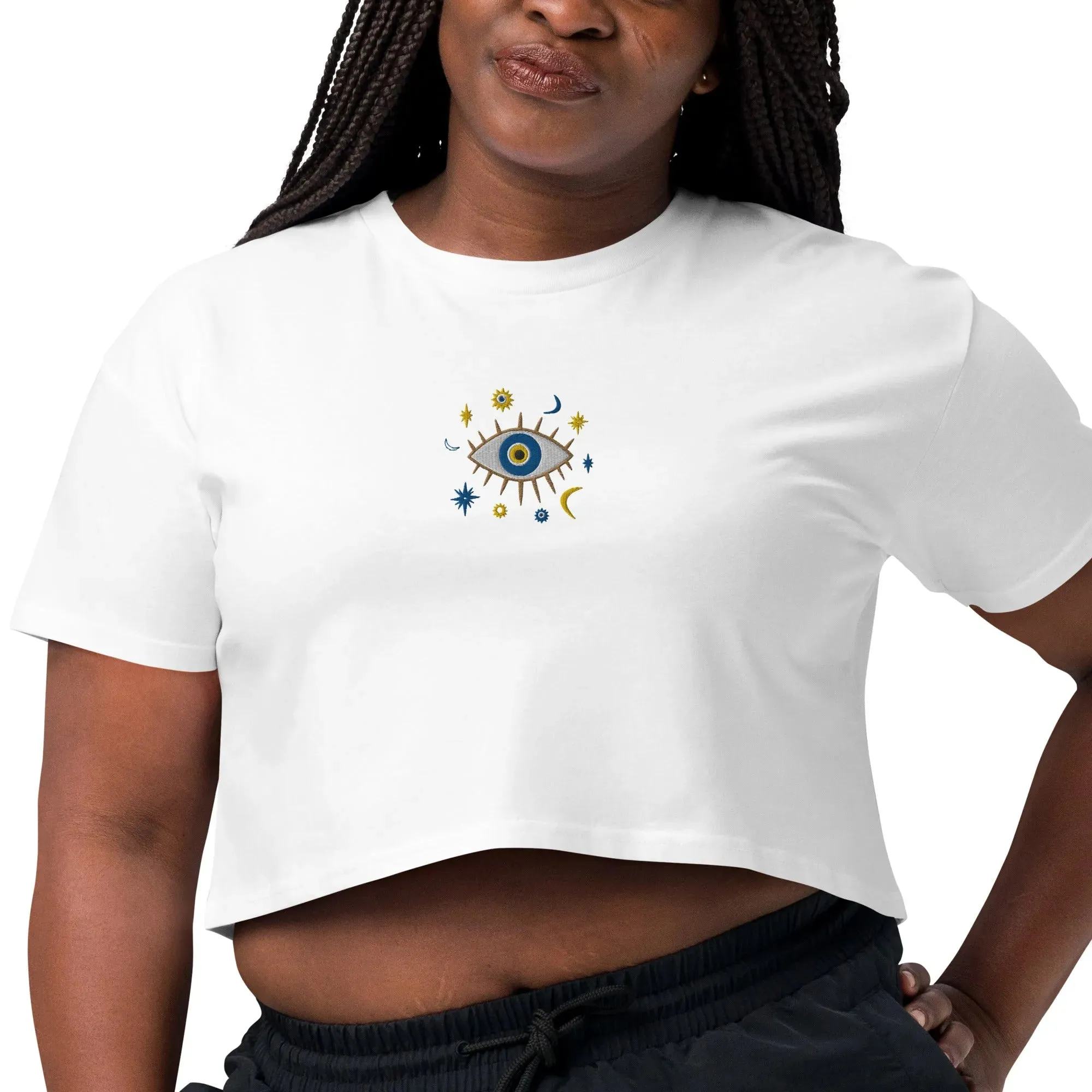 Greek Evil Eye Embroidered Cropped T-Shirt
