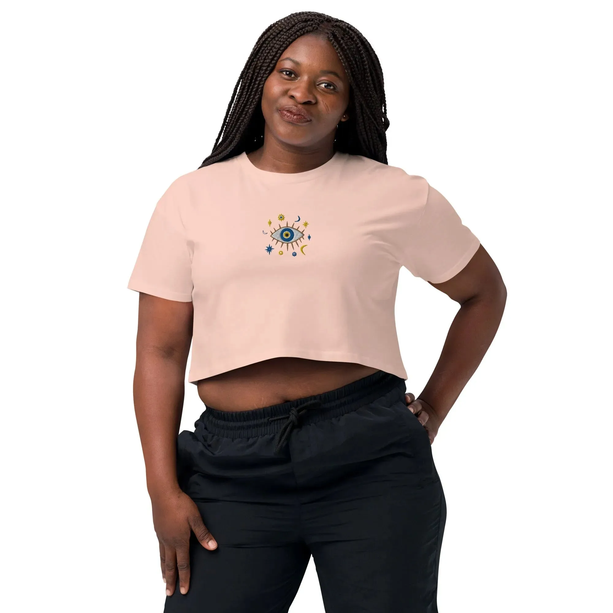 Greek Evil Eye Embroidered Cropped T-Shirt