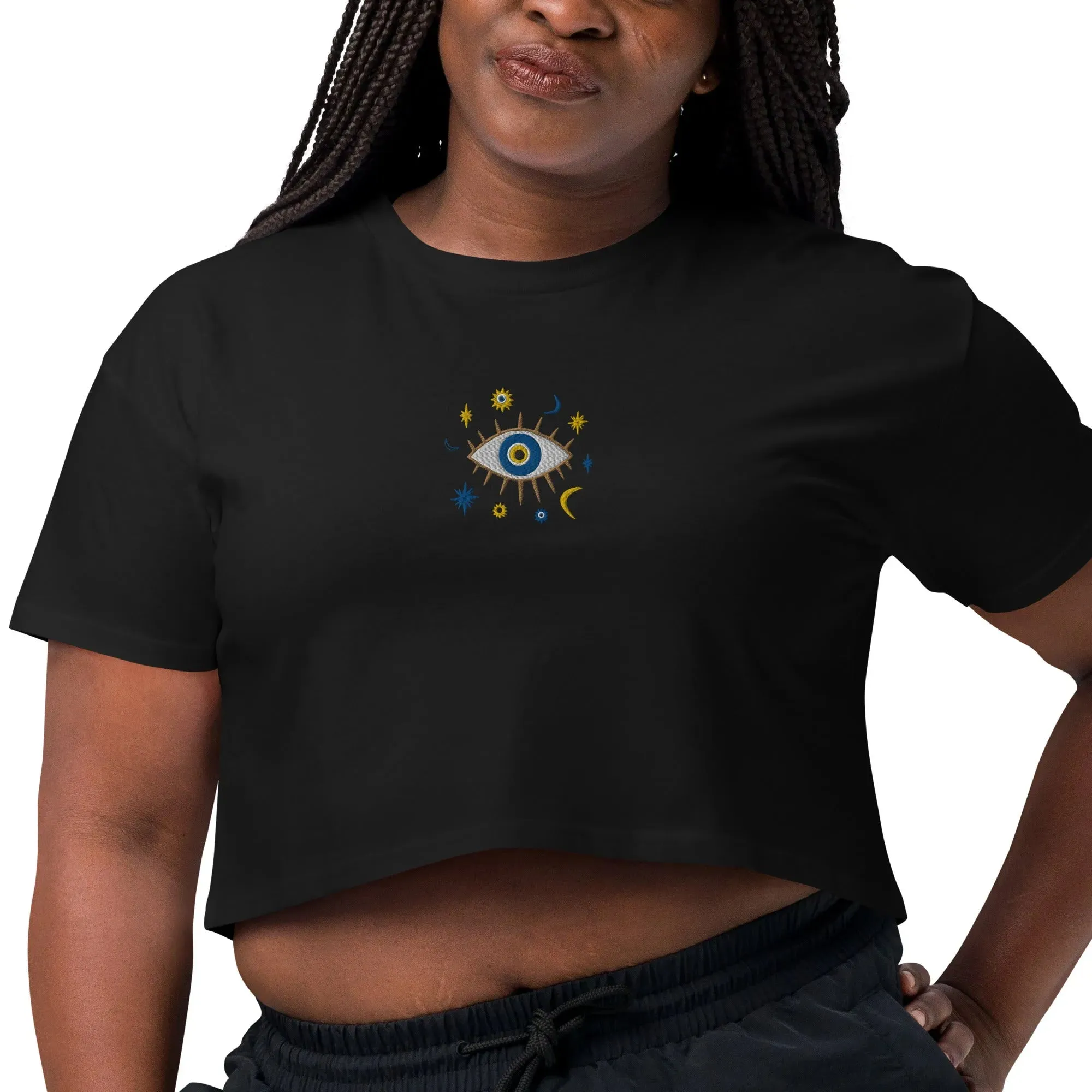 Greek Evil Eye Embroidered Cropped T-Shirt