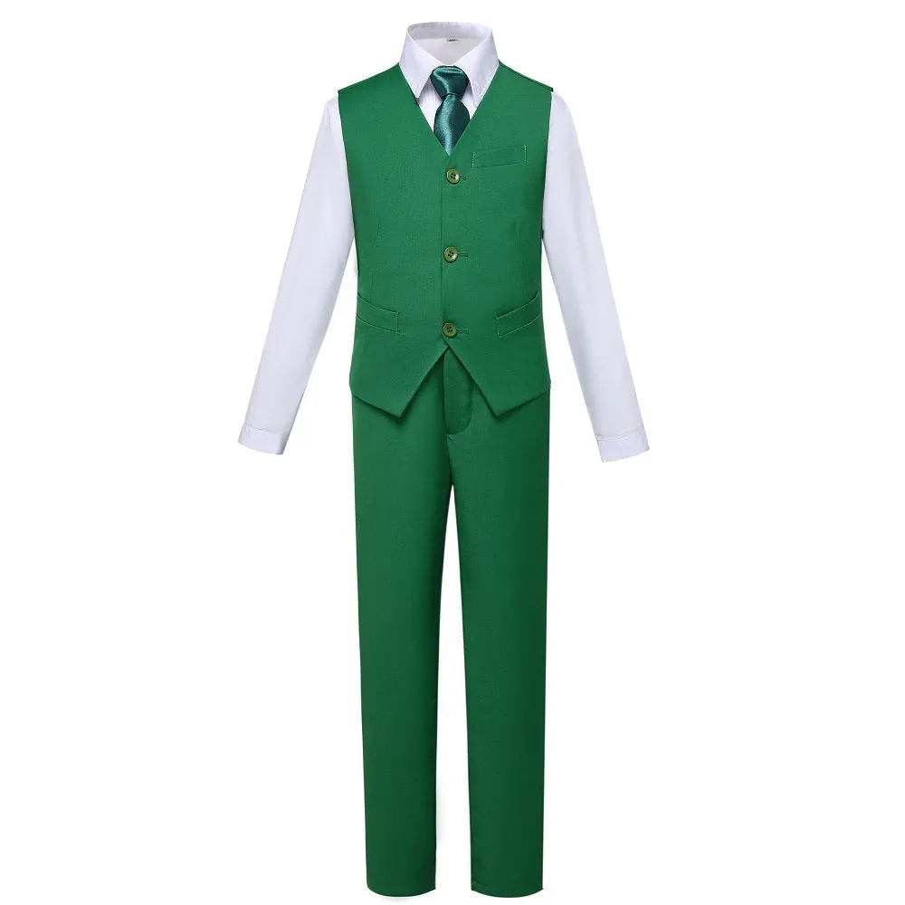 Green 4 Piece Boy's Formal Suits With Vest Pants Shirt Tie