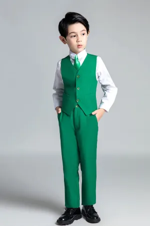 Green 4 Piece Boy's Formal Suits With Vest Pants Shirt Tie