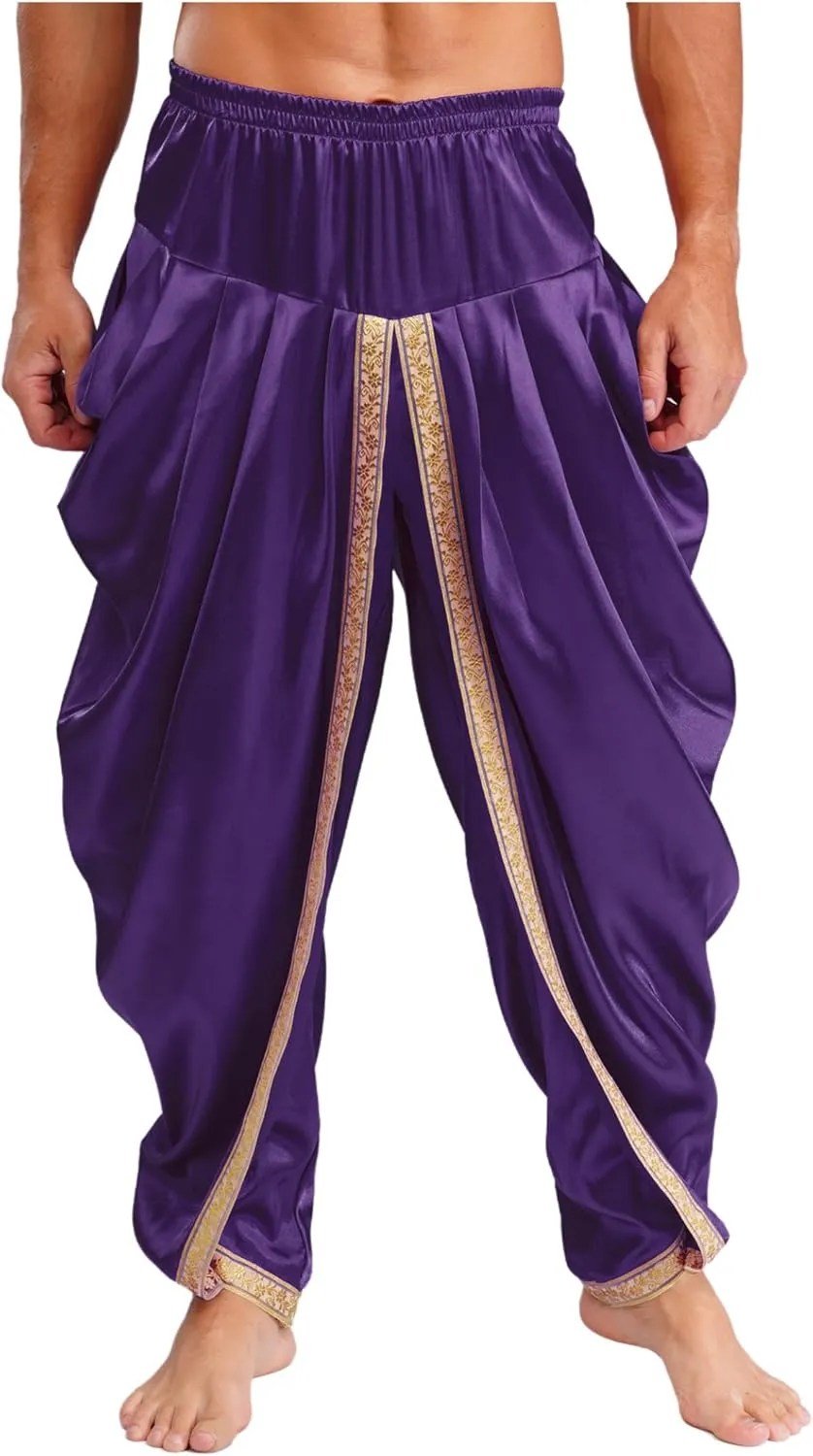 Harem Pants for Men Loose Fit Elastic Waist Dhoti Pants Drop Crotch Trousers Halloween Fancy Dress