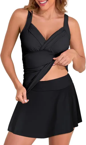 HEYTALALA Tankini Swimsuit for Women 2 Piece Tummy Control Bathing Suits with Swim Skirt Ruched Tankini Tops Swimwear